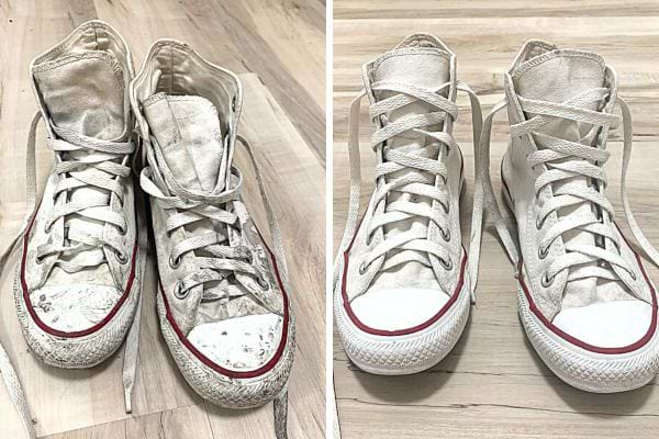 Une paire de Converse blanche sale et ensuite propre