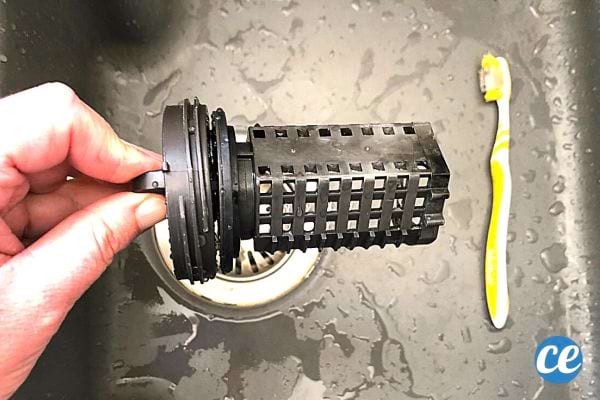 Une personne qui tient un filtre au dessus d'un évier avec une brosse à dents