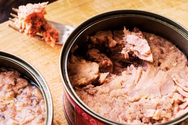 Deux boîtes contenant du thon avec une fourchette 