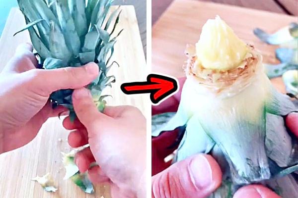 Un homme enlevant les feuilles d'un ananas