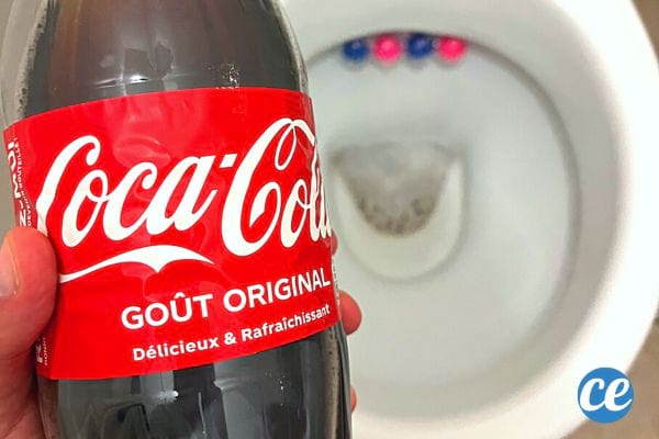Une personne tenant une bouteille de Coca-Cola au dessus des toilettes
