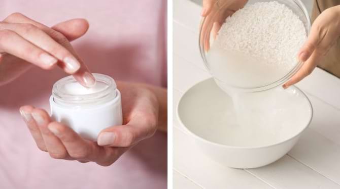 Une personne touchant de la crème de riz dans un pot