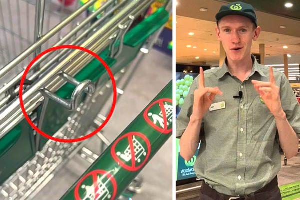 Un cadis avec des détails verts et un cercle rouge entourant la boucle du cadis avec un employé du supermarché