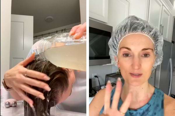 une femme se fait un soin avec de l'avec de l'eau de riz