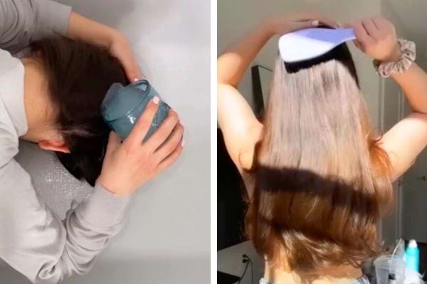 Une femme rince ses cheveux avec de l'eau de riz avant de les coiffer