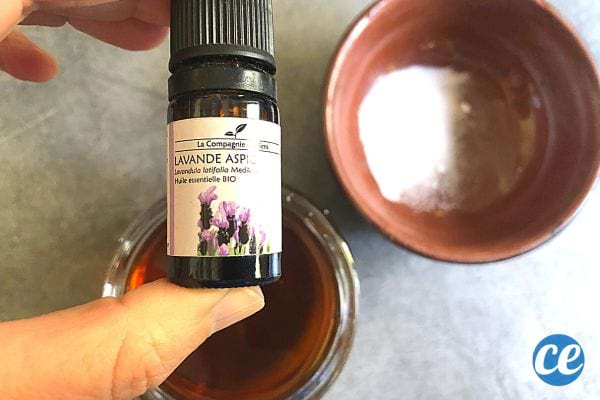 Une personne tenant de l'huile essentielle de lavande 