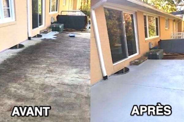 une terrasse en béton sale avant nettoyage et propre après nettoyage