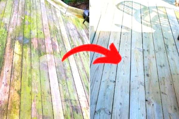 une terrasse en bois verdie avant et après nettoyage