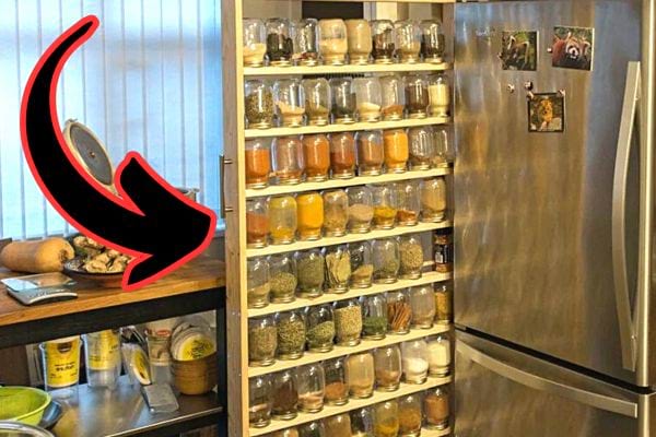 Un tiroir horizontal remplie de petits bocaux contenant des épices 