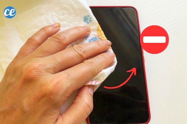 Une personne tenant un sopalin dans sa main sur l'écran d'un smartphone