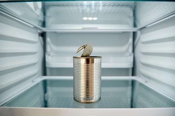 Une conserve métallique ouverte dans le frigo
