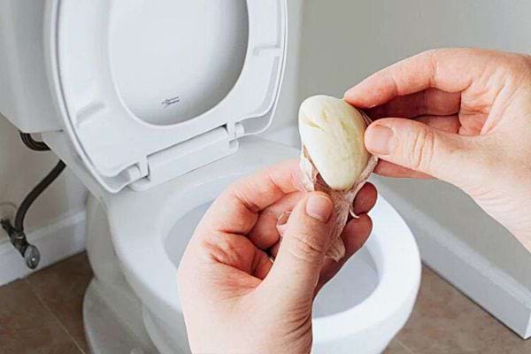 Une personne épluchant une gousse d'ail dans des toilettes