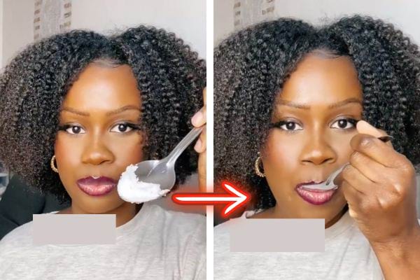 Une femme noire avec une cuillère à café contenant de l'huile de coco 