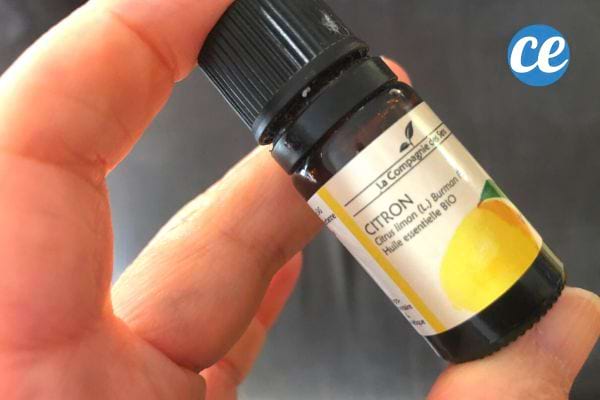 Une personne tenant une huile essentielle de citron
