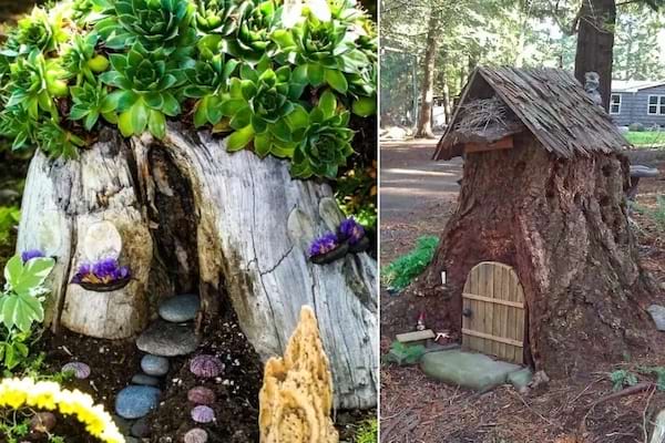 Un tronc d'arbre transformé en petite maison dans un jardin 