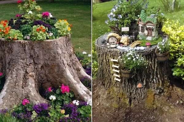 Un tronc d'arbre transformé en décoration fleurale dans un jardin 