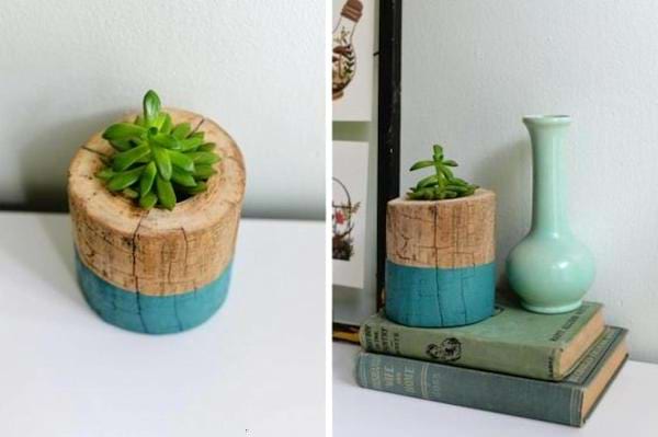 Un tronc d'arbre transformé en mini pot de fleurs 