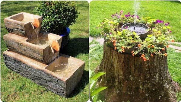 Un tronc d'arbre transformé en ruisseau pour jardin 