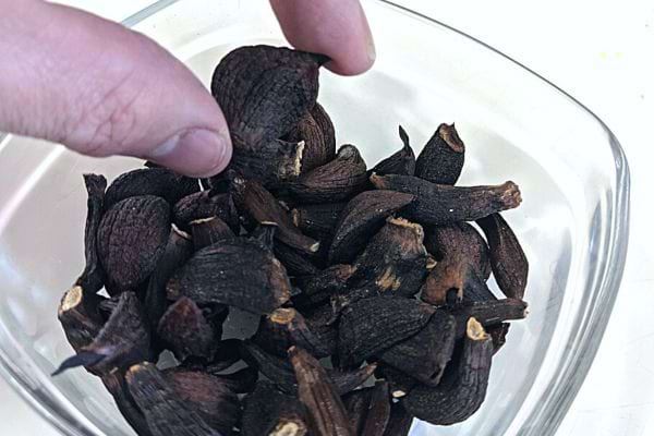 Une personne tenant un morceau d'ail noir au-dessus d'un bol en verre rempli d'ails noir 