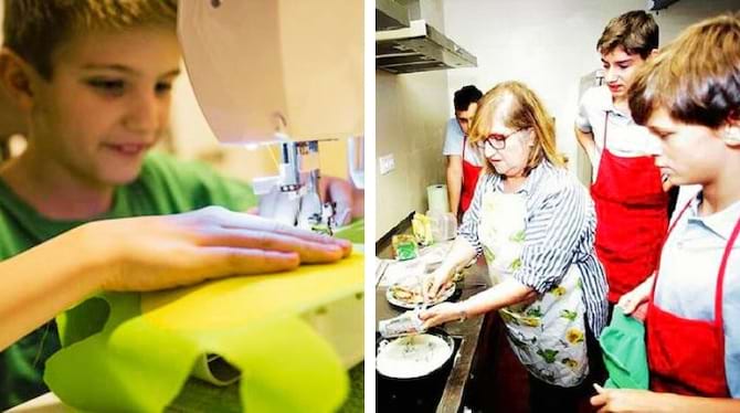 Un garçon qui fait de la couture et une dame qui fait de la cuisine avec d'autres garçons