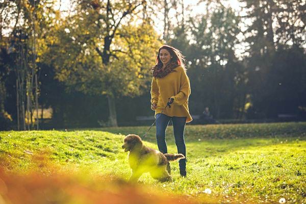 Une femme qui se promène avec son chien dans la nature 