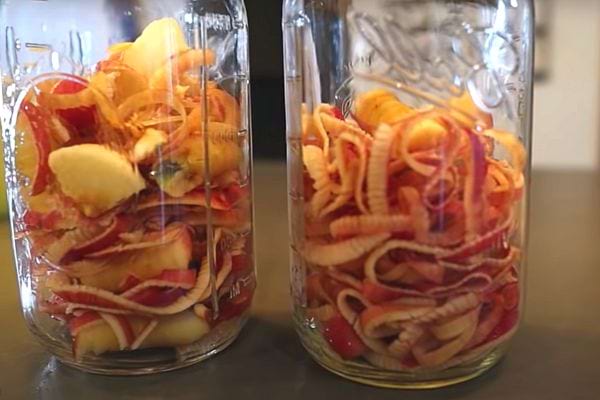 Deux pots en verre remplies de pelures de pommes 