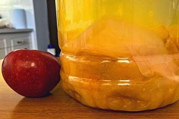Une pomme proche d'un pot rempli de vinaigre 