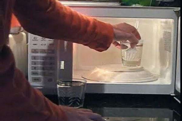 Une personne mettant une tasse d'eau dans un micro-ondes