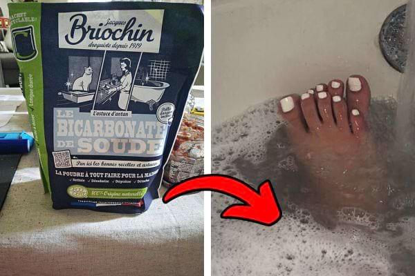 Un paquet de bicarbonate avec des pieds et du vernis blanc dans un bain avec de la mousse