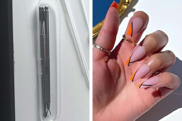 Un repousse cuticule avec des faux-ongles rose et orange 