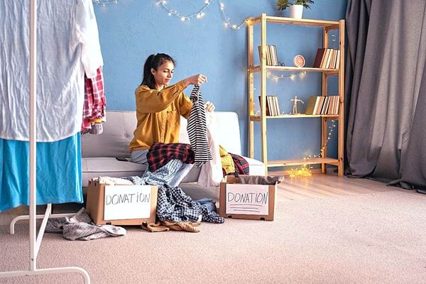 Une femme qui tri des vêtements 
