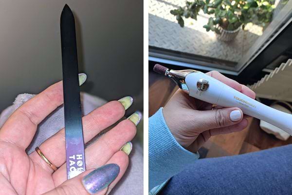 Une lime et un polisseur avec des faux-ongles 