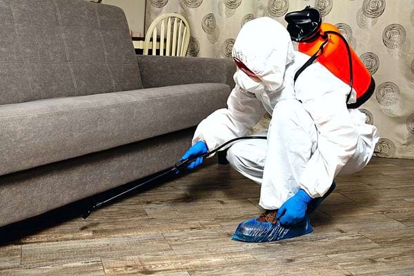 Un professionnel en tenue blanche devant un canapé pour les insectes