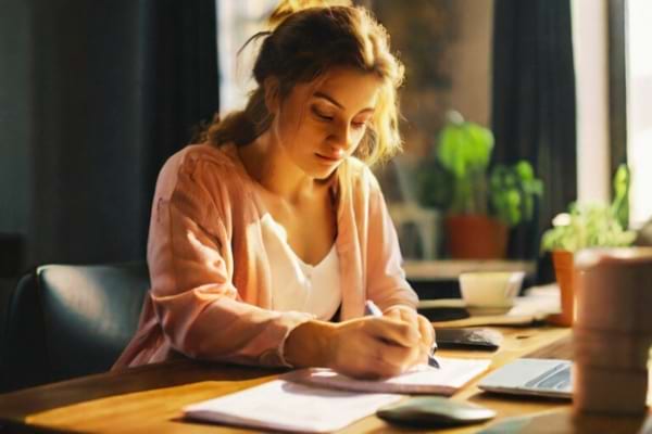 Une femme qui fait ses comptes et qui arrive à mettre de l'argent de côté
