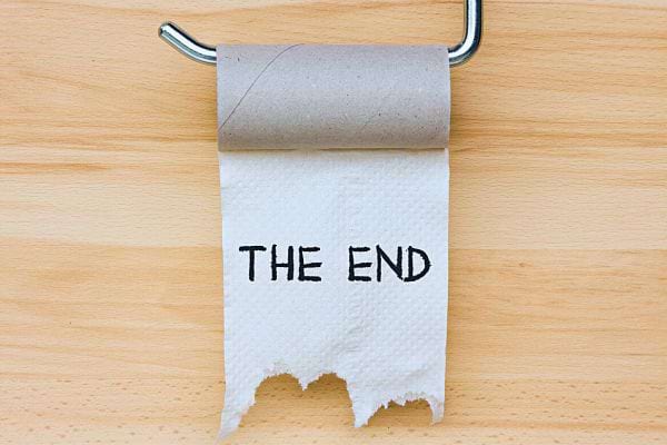 Un rouleau de papier toilette vide suspendu avec "THE END" écrit dessus, symbolisant la fin du papier toilette.