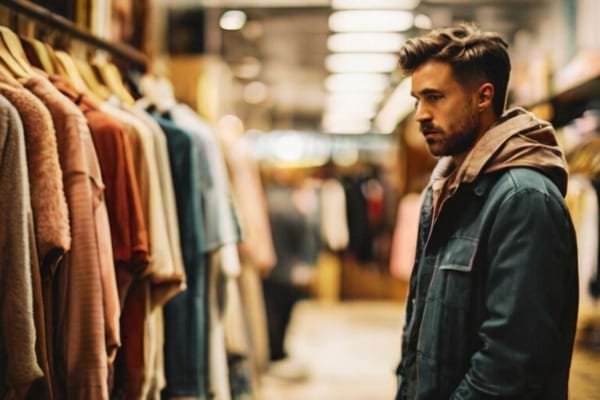 Un homme devant vêtements qui ne les achète pas tout de suite pour mettre de l'argent de côté