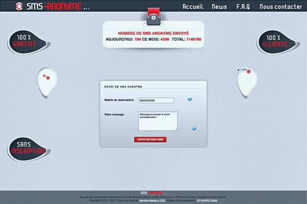 Interface de SMS Anonyme montrant un formulaire d'envoi de message.
