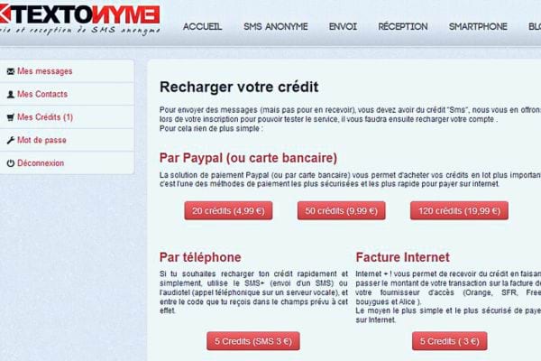 Page de recharge de crédits Textonyme avec options de paiement.