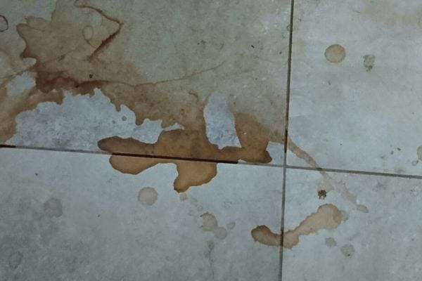 Taches irrégulières de café séché sur un sol carrelé.
