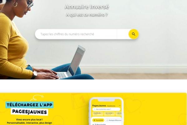 Page de recherche de l'annuaire inversé des Pages Jaunes, invite au téléchargement de l'application mobile.