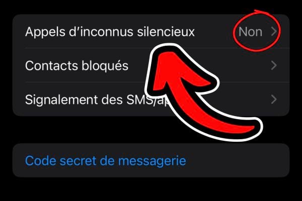 Réglages du téléphone sur un iPhone pour rendre silencieux les appels d'inconnus, actuellement désactivée.