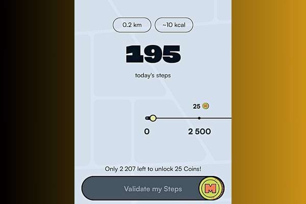 Capture d'écran de l'application Macadam, montrant un faible nombre de pas et une récompense de pièces virtuelles