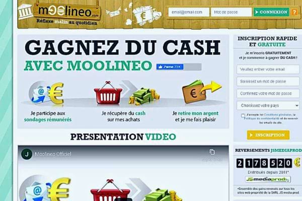Page d'accueil de Moolineo montrant des options pour gagner de l'argent, avec des icônes de sondages et de cashback.