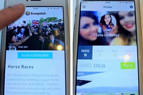Écran de téléphone avec l'application Scoopshot, invitant à partager des photos pour un événement sportif