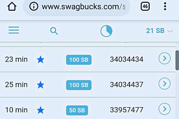 Liste des tâches sur Swagbucks avec des récompenses en points pour des minutes passées.
