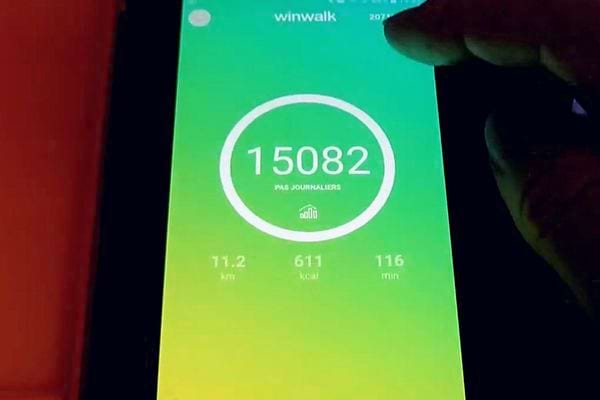 Winwalk sur téléphone, avec compteur de pas et gains potentiels.