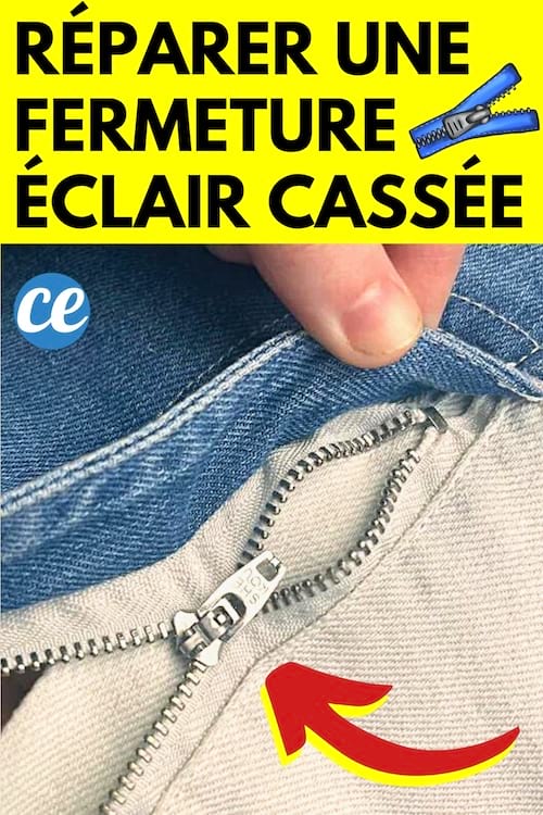 Une fermeture éclair blanche et bleue qui est cassée et qui va être réparée