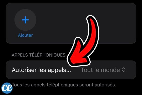 Option pour autoriser les appels téléphoniques dans les réglages 'Ne pas déranger', avec un focus sur 'Tout le monde'.