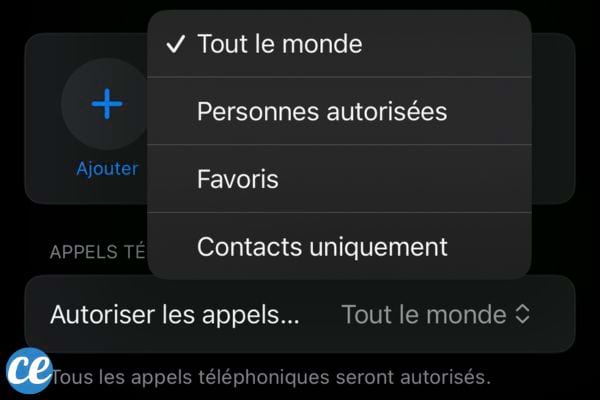 Différentes options pour autoriser les appels sous 'Ne pas déranger', incluant 'Tout le monde', 'Personnes autorisées', 'Favoris'