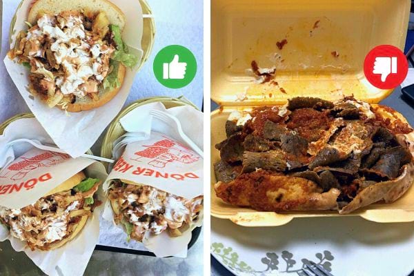 Deux images de sandwiches kebab, l'un apprécié et l'autre non